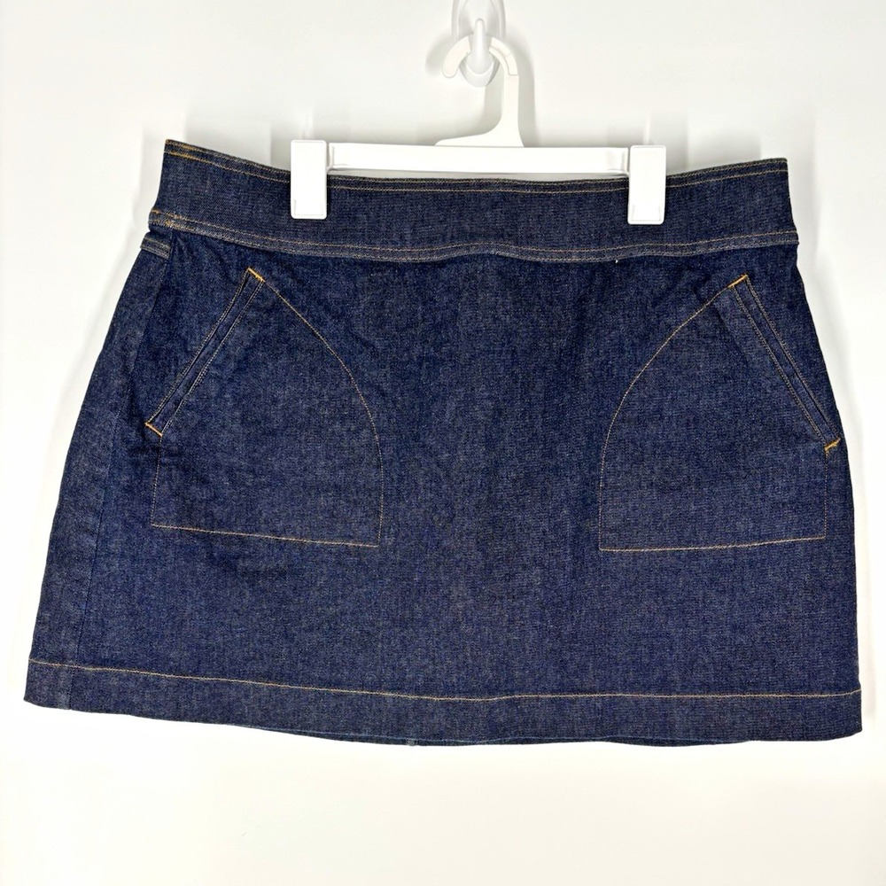SPANX 2X Dark Wash Blue Denim Mini Skirt Shorts Pockets Zip Solid Stretch Preppy